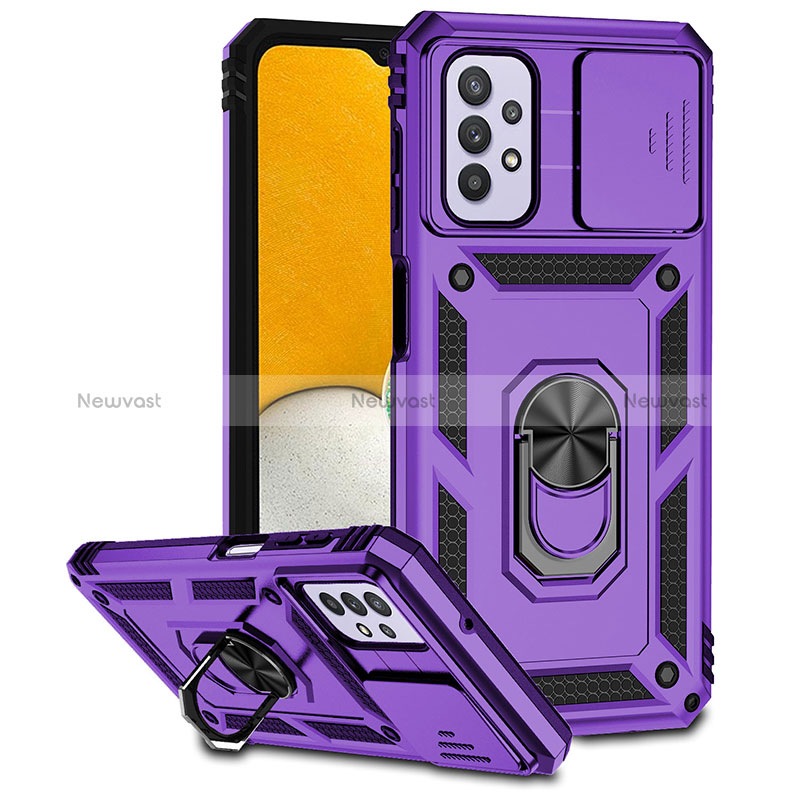 Silicone Matte Finish and Plastic Back Cover Case with Magnetic Finger Ring Stand MQ6 for Samsung Galaxy A23 4G Purple