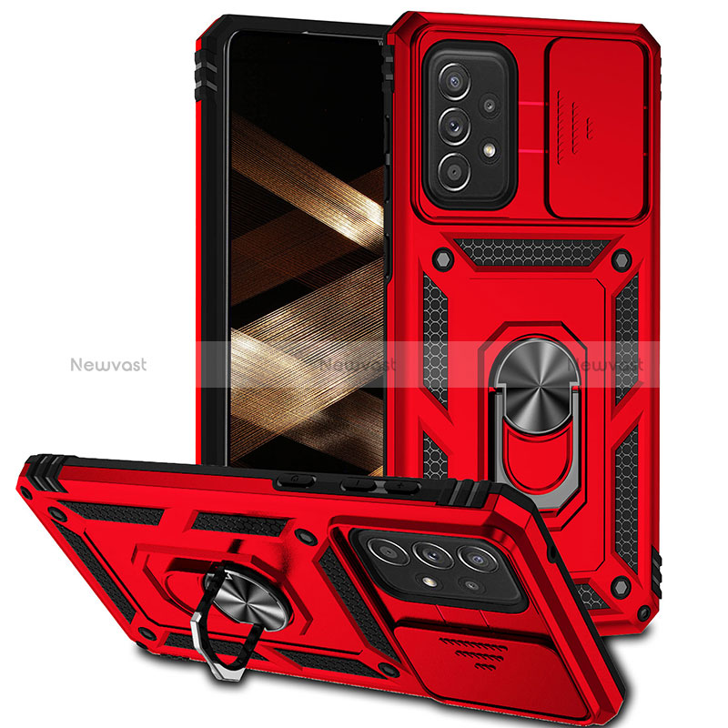 Silicone Matte Finish and Plastic Back Cover Case with Magnetic Finger Ring Stand MQ6 for Samsung Galaxy A73 5G Red