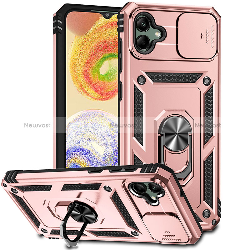 Silicone Matte Finish and Plastic Back Cover Case with Magnetic Finger Ring Stand MQ6 for Samsung Galaxy F04 Rose Gold