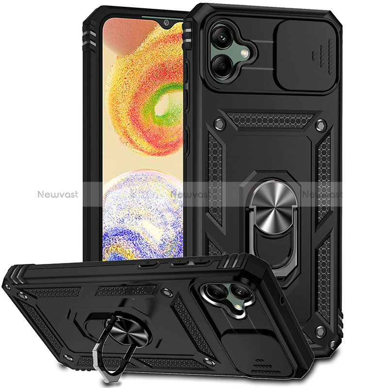 Silicone Matte Finish and Plastic Back Cover Case with Magnetic Finger Ring Stand MQ6 for Samsung Galaxy M04 Black