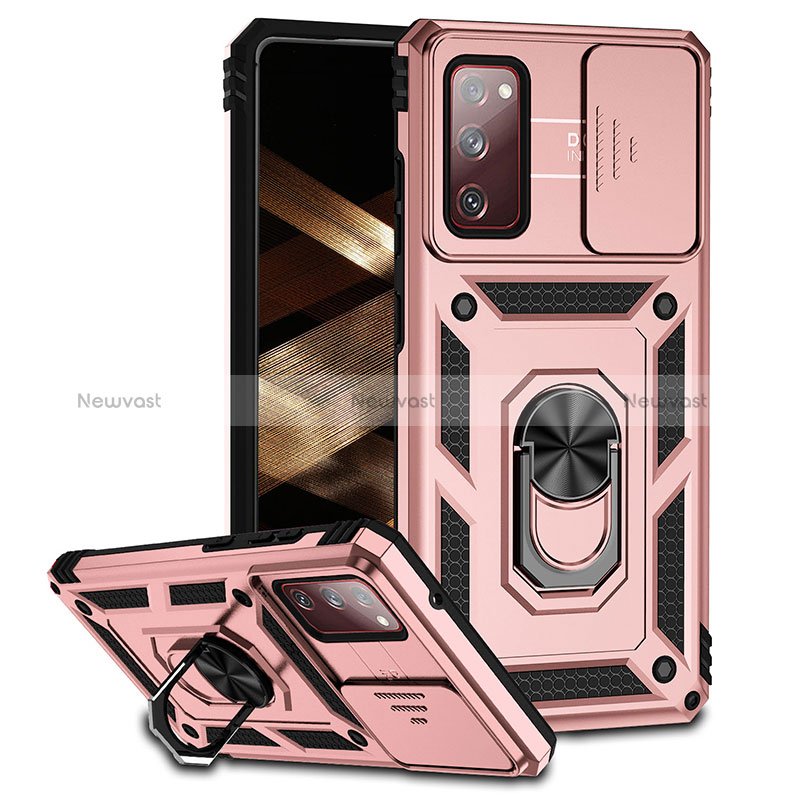 Silicone Matte Finish and Plastic Back Cover Case with Magnetic Finger Ring Stand MQ6 for Samsung Galaxy S20 Lite 5G Rose Gold