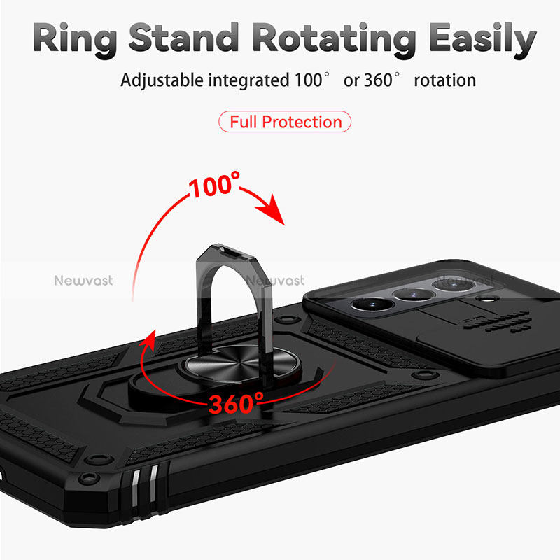 Silicone Matte Finish and Plastic Back Cover Case with Magnetic Finger Ring Stand MQ6 for Samsung Galaxy S21 FE 5G