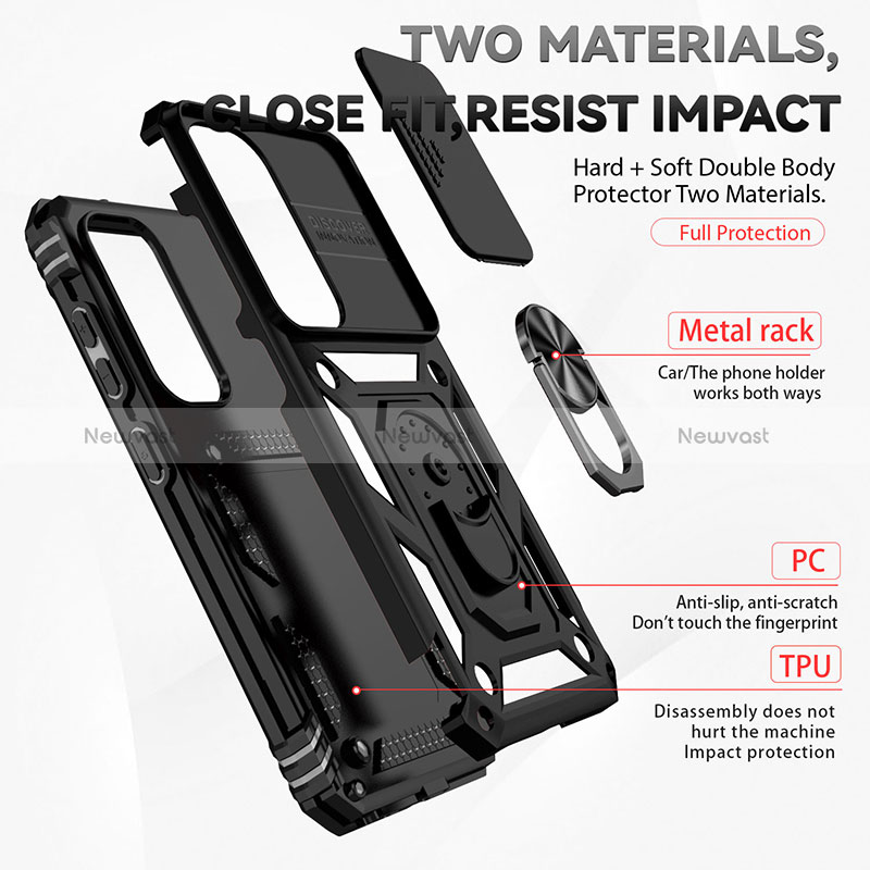 Silicone Matte Finish and Plastic Back Cover Case with Magnetic Finger Ring Stand MQ6 for Samsung Galaxy S22 5G