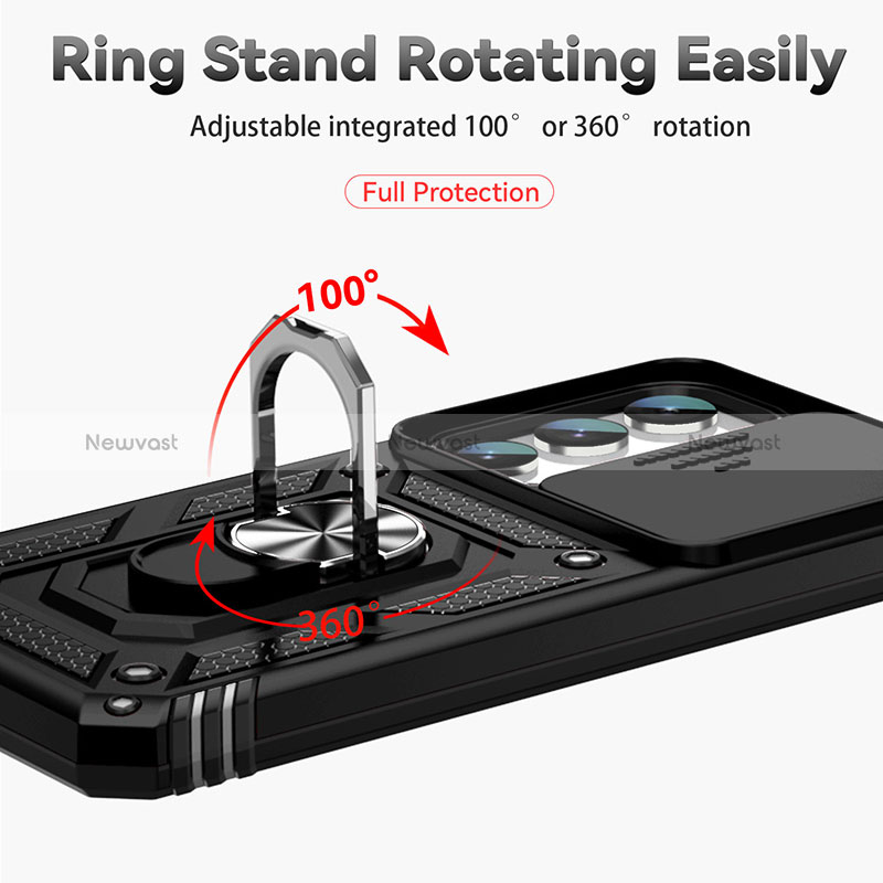 Silicone Matte Finish and Plastic Back Cover Case with Magnetic Finger Ring Stand MQ6 for Samsung Galaxy S22 5G