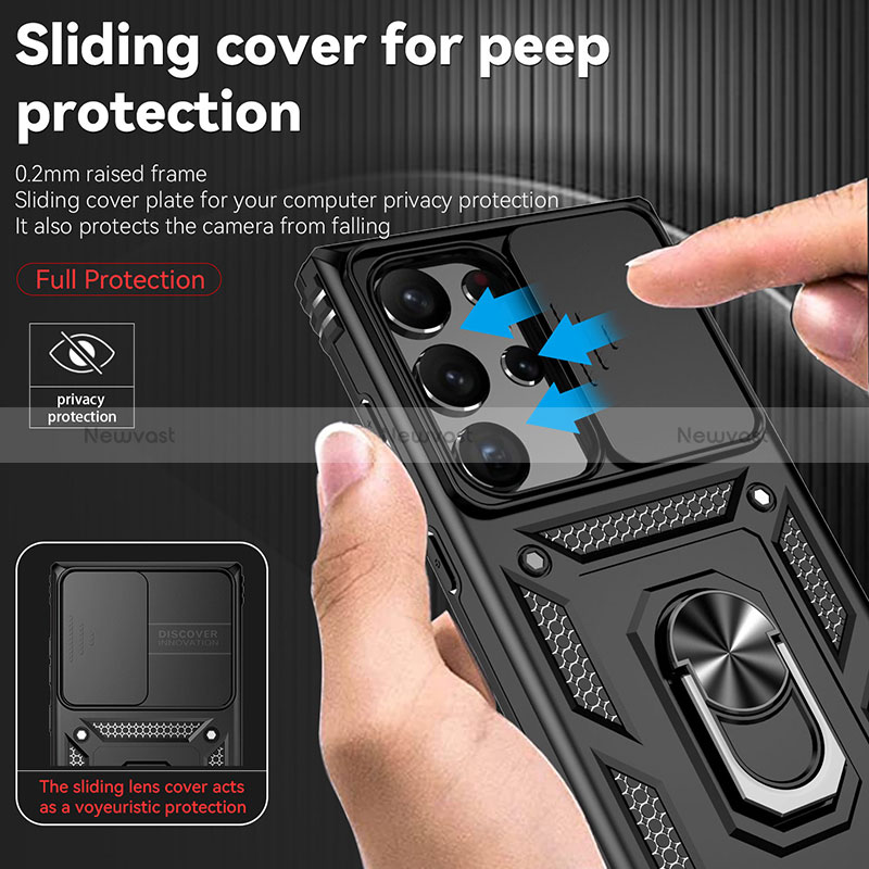 Silicone Matte Finish and Plastic Back Cover Case with Magnetic Finger Ring Stand MQ6 for Samsung Galaxy S23 Ultra 5G