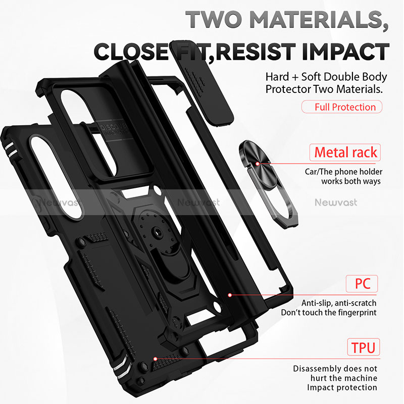 Silicone Matte Finish and Plastic Back Cover Case with Magnetic Finger Ring Stand MQ6 for Samsung Galaxy Z Fold3 5G