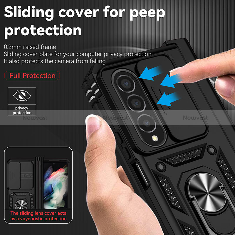 Silicone Matte Finish and Plastic Back Cover Case with Magnetic Finger Ring Stand MQ6 for Samsung Galaxy Z Fold3 5G