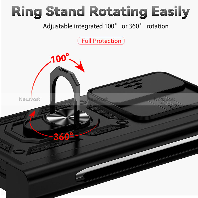 Silicone Matte Finish and Plastic Back Cover Case with Magnetic Finger Ring Stand MQ6 for Samsung Galaxy Z Fold3 5G