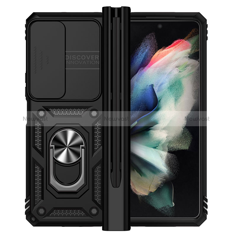 Silicone Matte Finish and Plastic Back Cover Case with Magnetic Finger Ring Stand MQ6 for Samsung Galaxy Z Fold3 5G