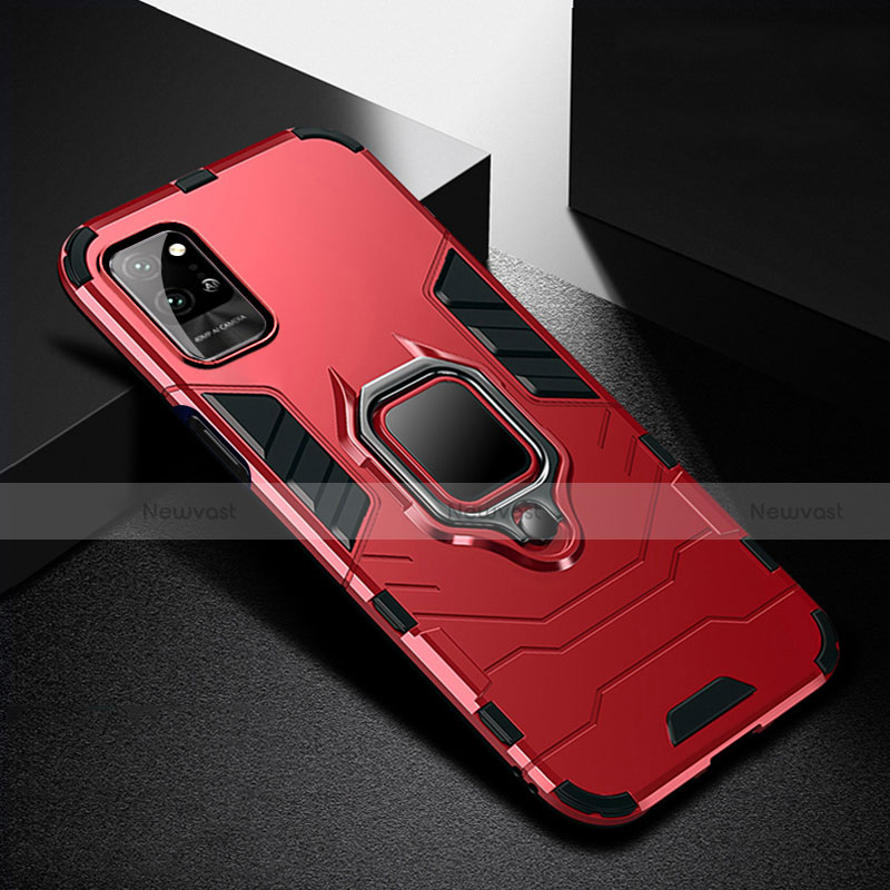 Silicone Matte Finish and Plastic Back Cover Case with Magnetic Finger Ring Stand N01 for Huawei Honor Play4 Pro 5G Red