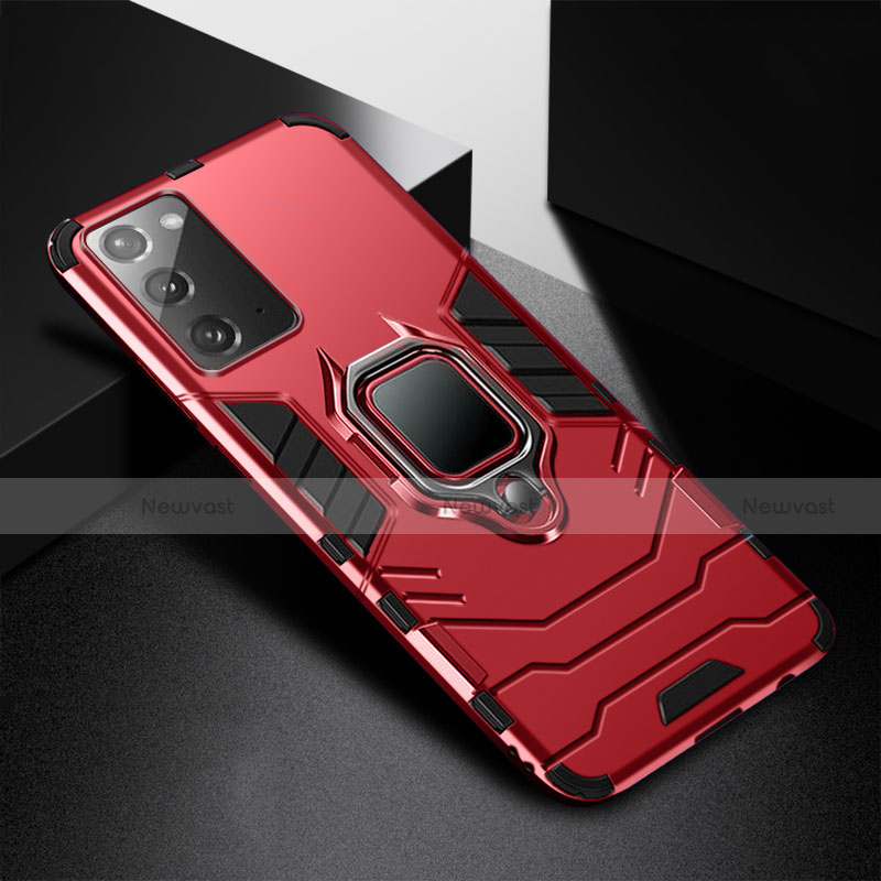 Silicone Matte Finish and Plastic Back Cover Case with Magnetic Finger Ring Stand N06 for Samsung Galaxy Note 20 5G Red