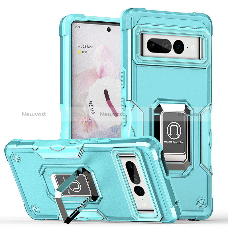 Silicone Matte Finish and Plastic Back Cover Case with Magnetic Finger Ring Stand QW1 for Google Pixel 7 Pro 5G Mint Blue