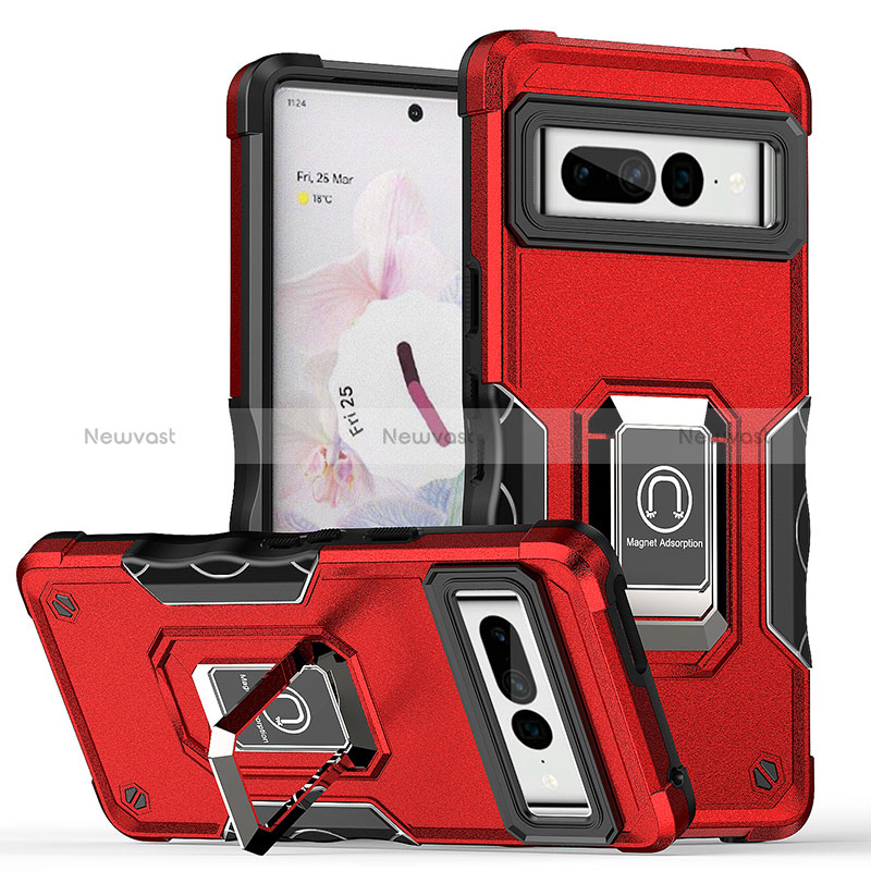 Silicone Matte Finish and Plastic Back Cover Case with Magnetic Finger Ring Stand QW1 for Google Pixel 7 Pro 5G Red