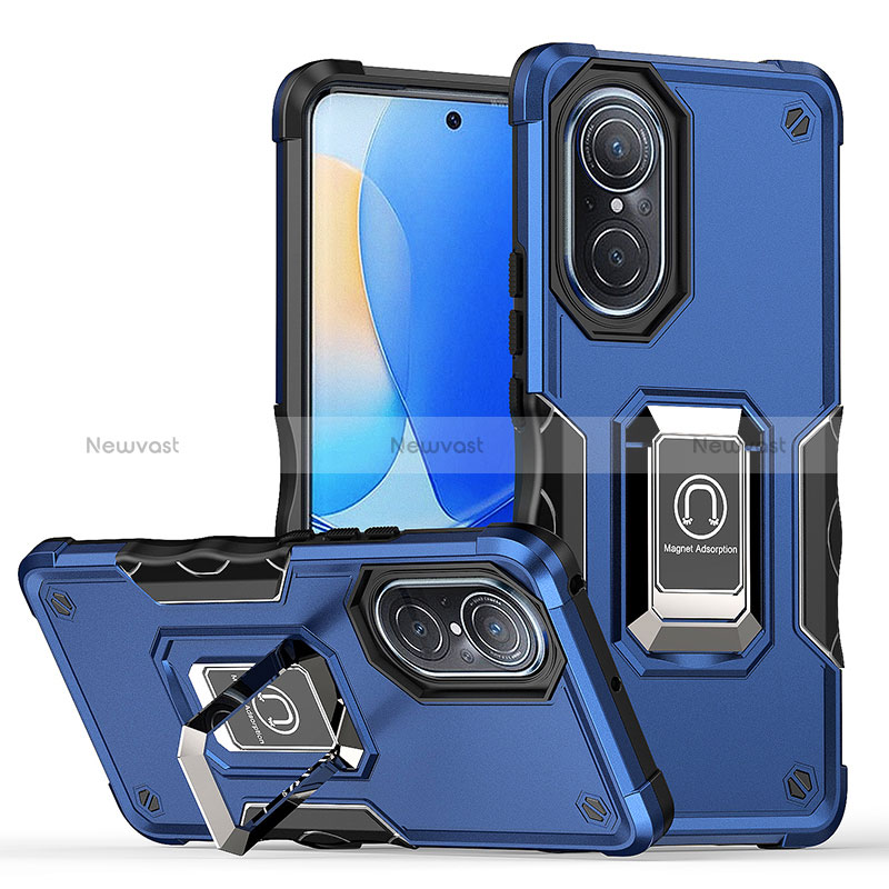 Silicone Matte Finish and Plastic Back Cover Case with Magnetic Finger Ring Stand QW1 for Huawei Honor 50 5G Blue