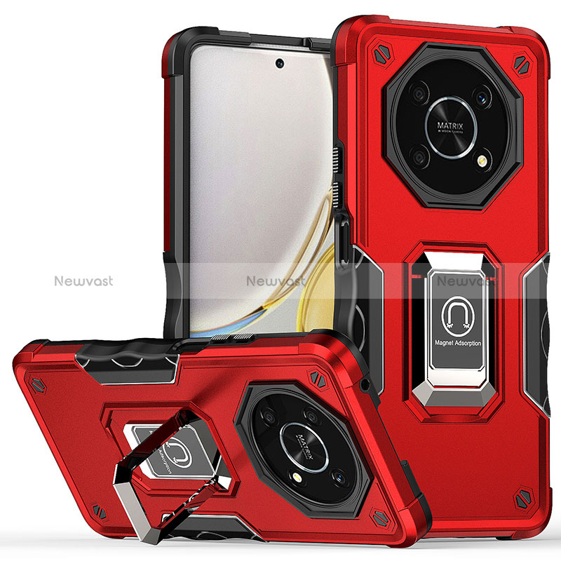 Silicone Matte Finish and Plastic Back Cover Case with Magnetic Finger Ring Stand QW1 for Huawei Honor X9 5G Red