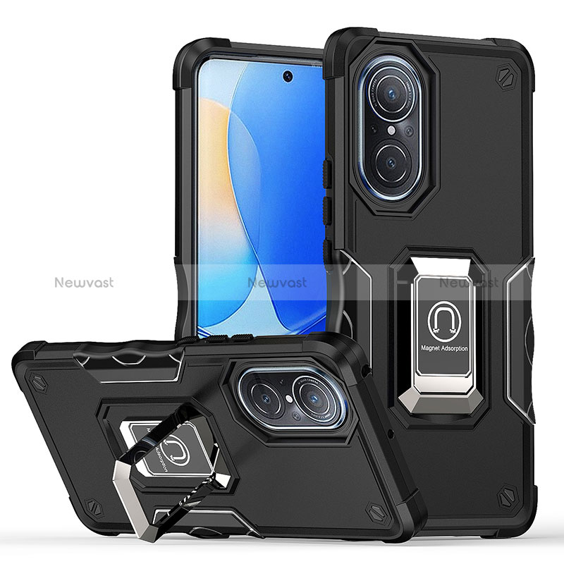 Silicone Matte Finish and Plastic Back Cover Case with Magnetic Finger Ring Stand QW1 for Huawei Nova 9 Black