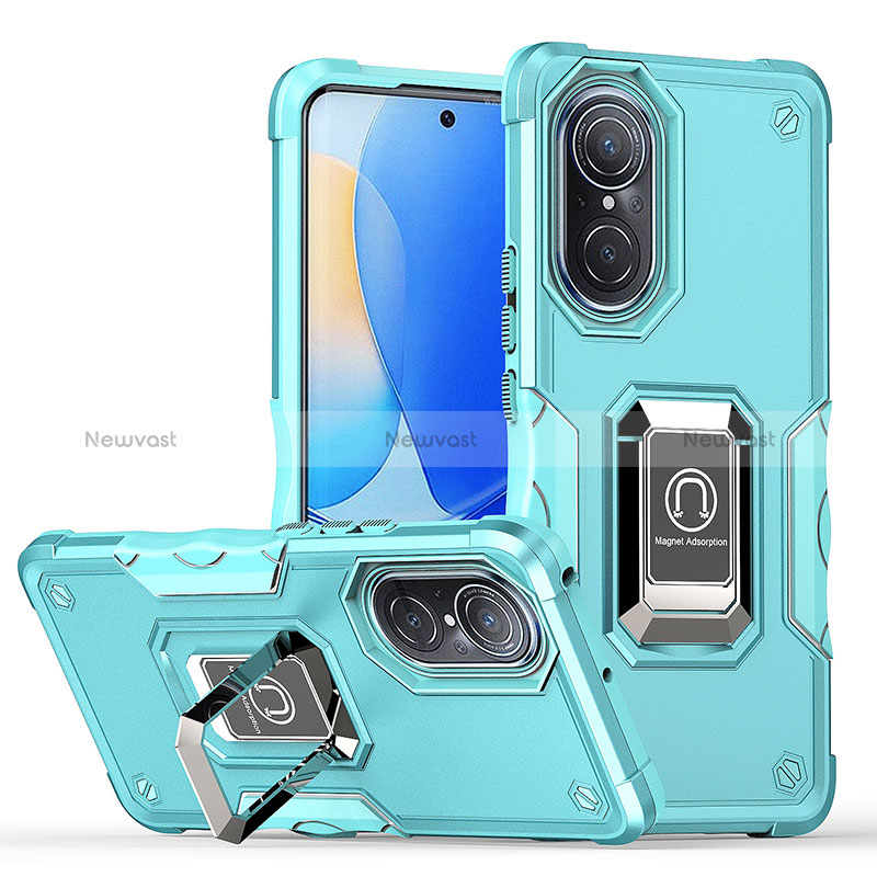 Silicone Matte Finish and Plastic Back Cover Case with Magnetic Finger Ring Stand QW1 for Huawei Nova 9 Mint Blue