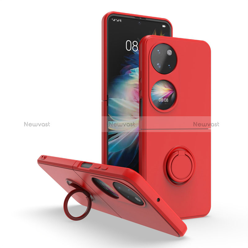 Silicone Matte Finish and Plastic Back Cover Case with Magnetic Finger Ring Stand QW1 for Huawei P50 Pocket