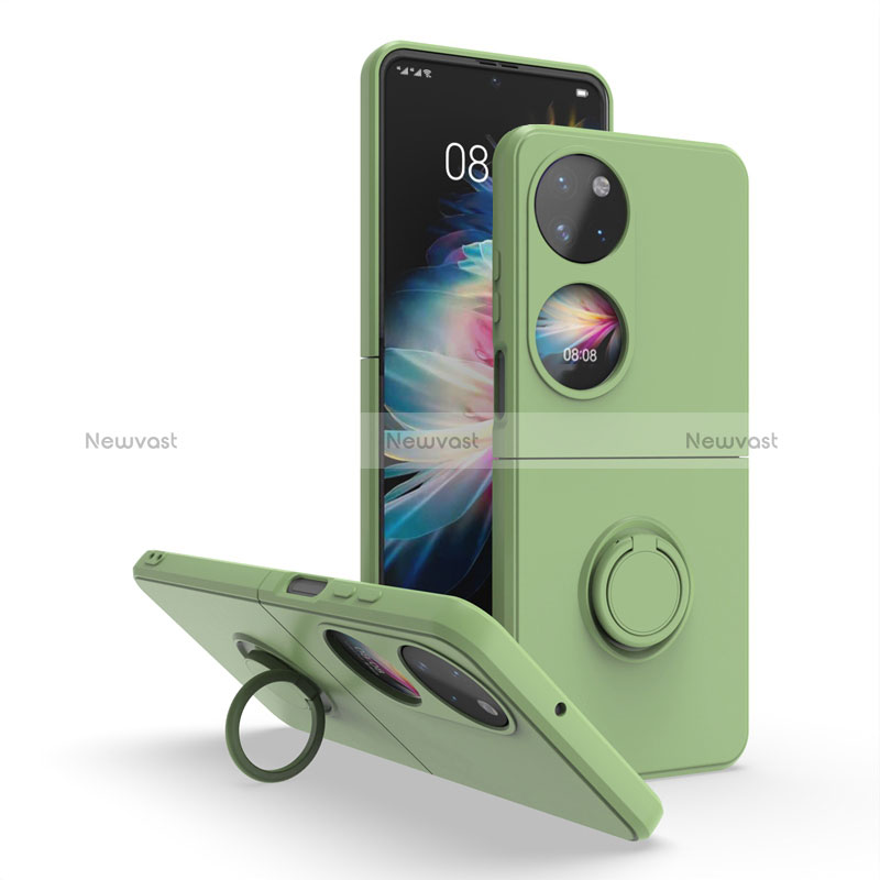 Silicone Matte Finish and Plastic Back Cover Case with Magnetic Finger Ring Stand QW1 for Huawei P50 Pocket Army green