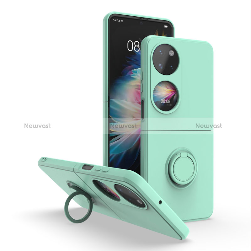 Silicone Matte Finish and Plastic Back Cover Case with Magnetic Finger Ring Stand QW1 for Huawei P50 Pocket Matcha Green