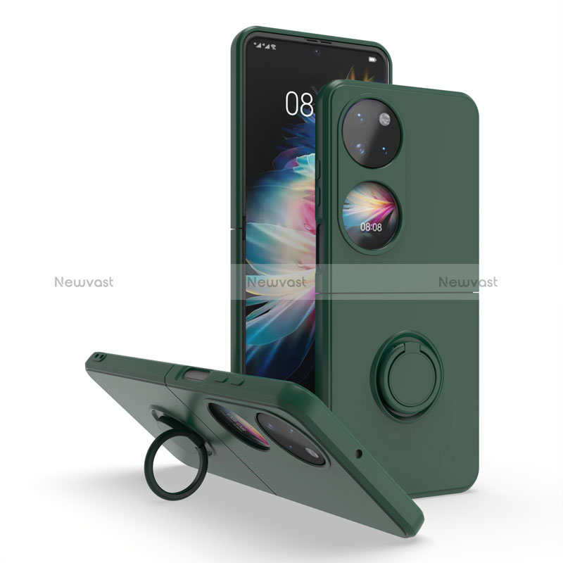 Silicone Matte Finish and Plastic Back Cover Case with Magnetic Finger Ring Stand QW1 for Huawei P50 Pocket Midnight Green