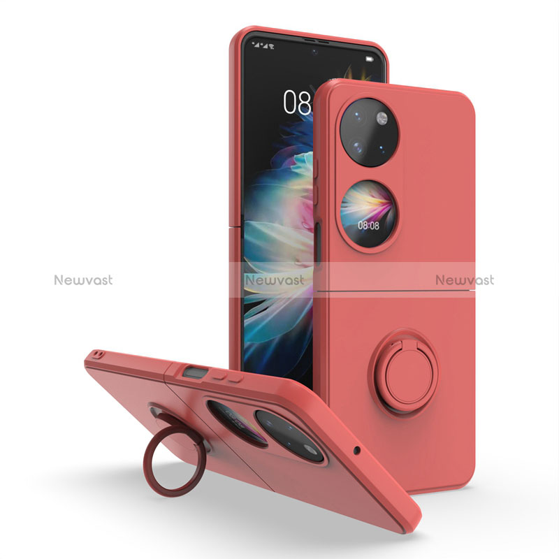 Silicone Matte Finish and Plastic Back Cover Case with Magnetic Finger Ring Stand QW1 for Huawei P60 Pocket