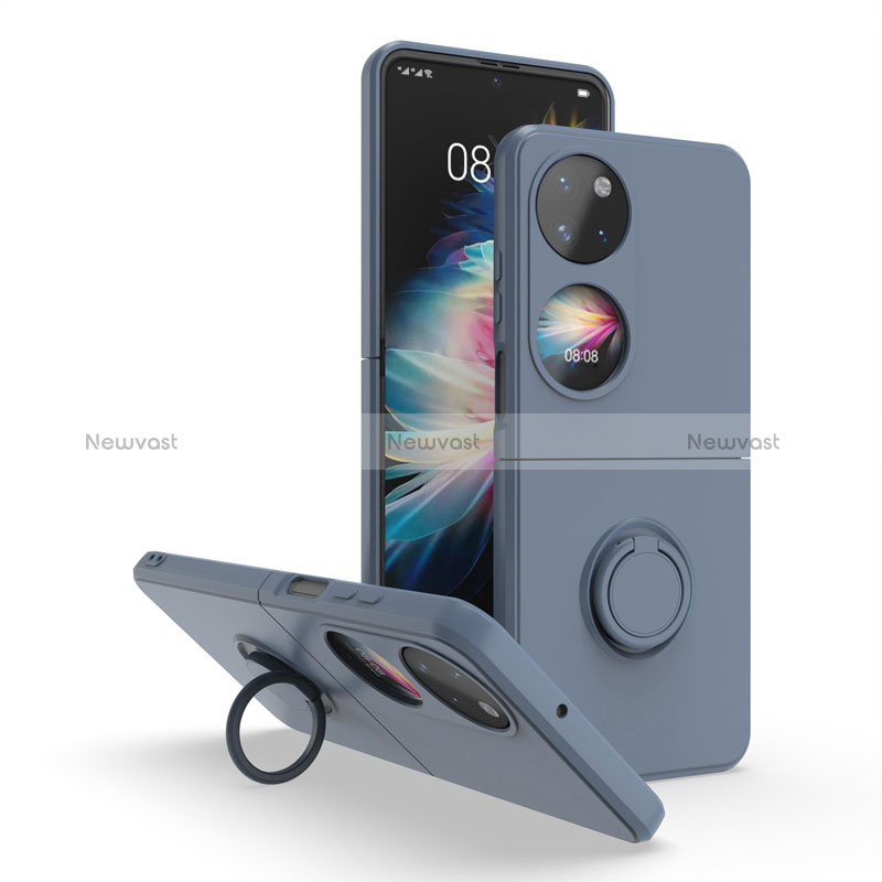 Silicone Matte Finish and Plastic Back Cover Case with Magnetic Finger Ring Stand QW1 for Huawei P60 Pocket Lavender Gray