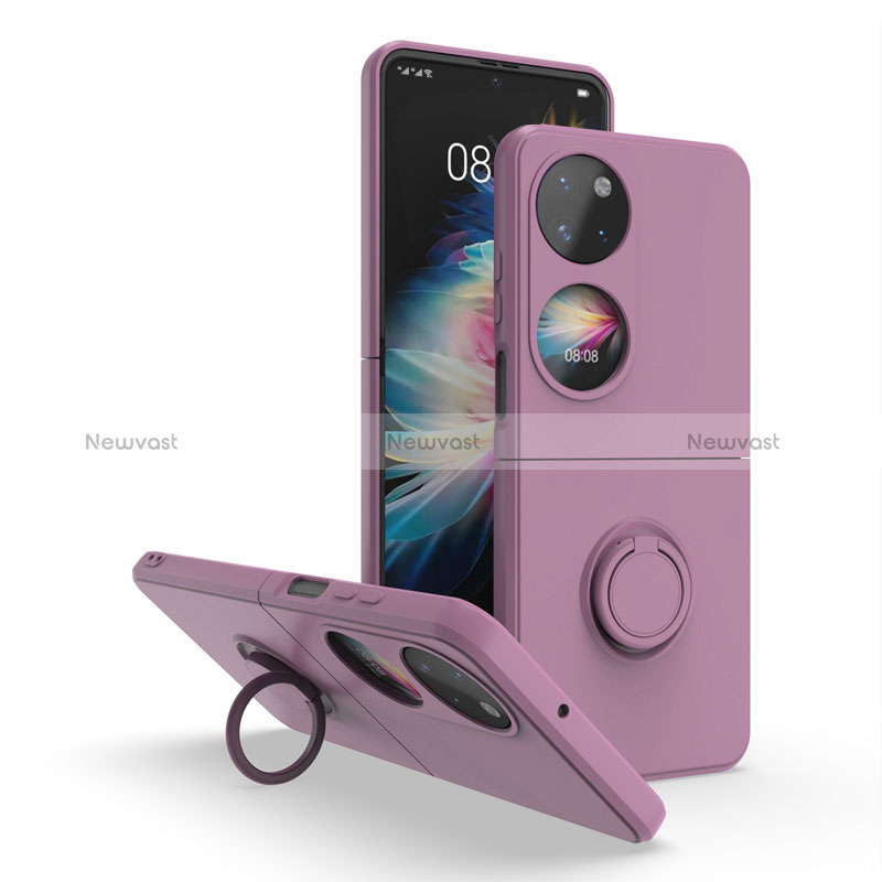 Silicone Matte Finish and Plastic Back Cover Case with Magnetic Finger Ring Stand QW1 for Huawei P60 Pocket Purple