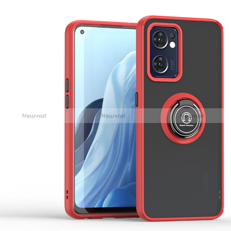 Silicone Matte Finish and Plastic Back Cover Case with Magnetic Finger Ring Stand QW1 for Oppo Reno7 5G Red