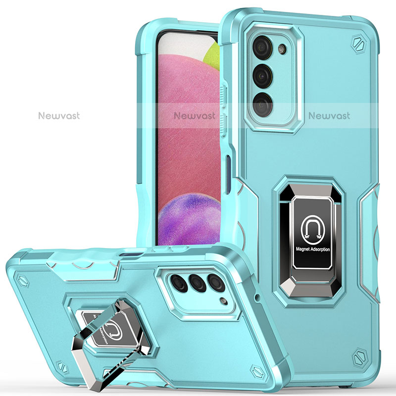 Silicone Matte Finish and Plastic Back Cover Case with Magnetic Finger Ring Stand QW1 for Samsung Galaxy A02s Mint Blue