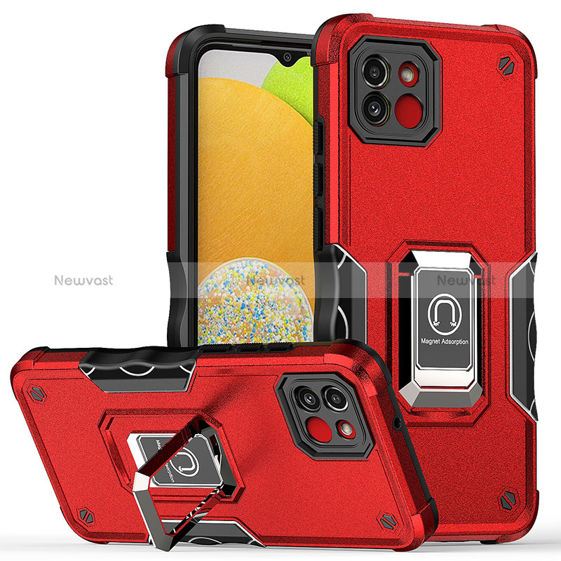 Silicone Matte Finish and Plastic Back Cover Case with Magnetic Finger Ring Stand QW1 for Samsung Galaxy A03 Red