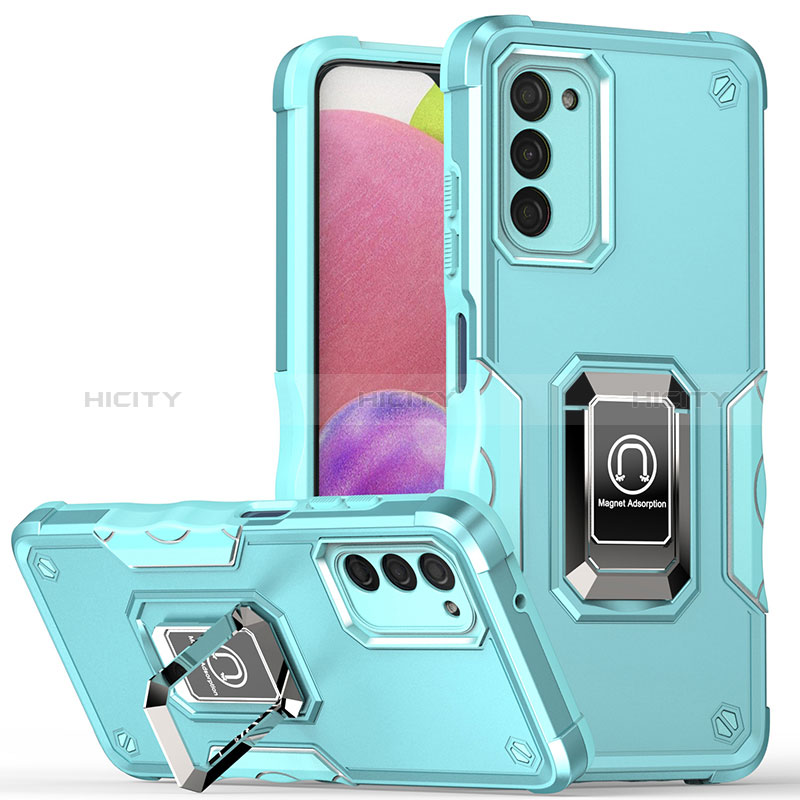 Silicone Matte Finish and Plastic Back Cover Case with Magnetic Finger Ring Stand QW1 for Samsung Galaxy A03s Mint Blue