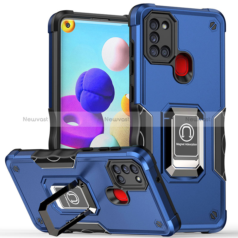 Silicone Matte Finish and Plastic Back Cover Case with Magnetic Finger Ring Stand QW1 for Samsung Galaxy A21s Blue