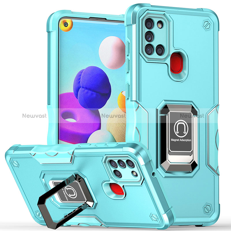 Silicone Matte Finish and Plastic Back Cover Case with Magnetic Finger Ring Stand QW1 for Samsung Galaxy A21s Mint Blue