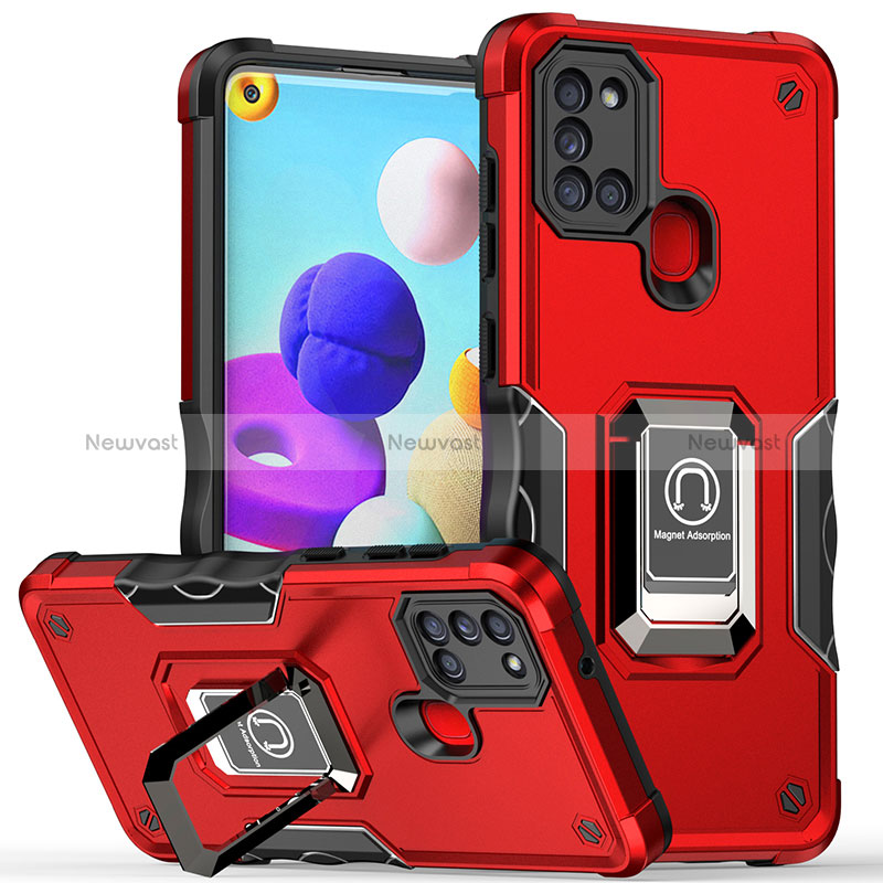 Silicone Matte Finish and Plastic Back Cover Case with Magnetic Finger Ring Stand QW1 for Samsung Galaxy A21s Red