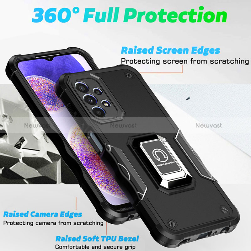 Silicone Matte Finish and Plastic Back Cover Case with Magnetic Finger Ring Stand QW1 for Samsung Galaxy A23 4G