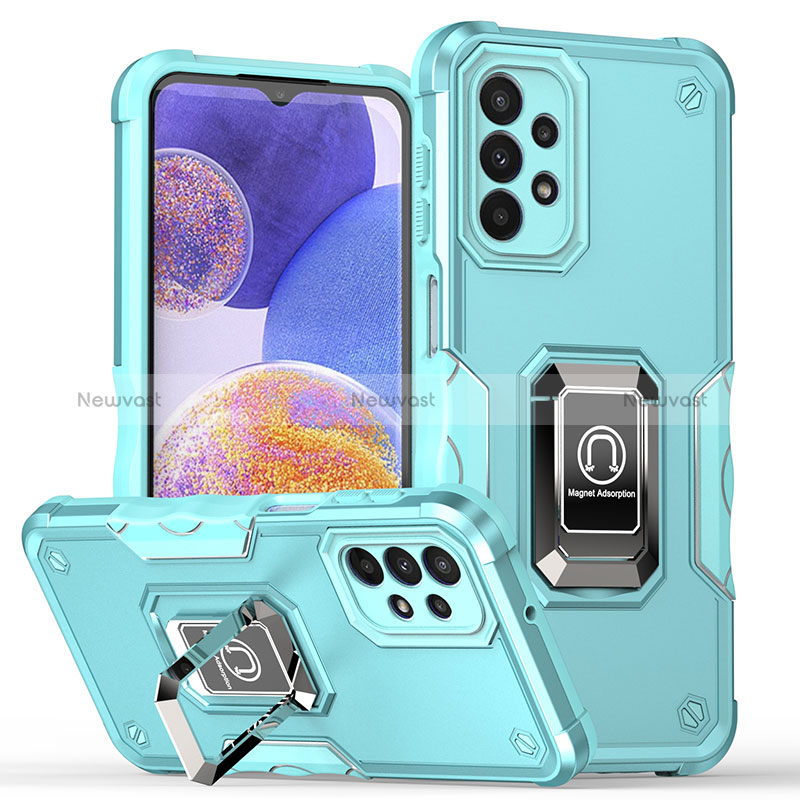 Silicone Matte Finish and Plastic Back Cover Case with Magnetic Finger Ring Stand QW1 for Samsung Galaxy A23 4G Mint Blue