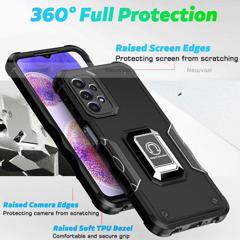Silicone Matte Finish and Plastic Back Cover Case with Magnetic Finger Ring Stand QW1 for Samsung Galaxy A23 5G
