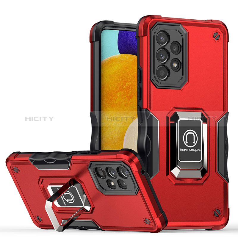 Silicone Matte Finish and Plastic Back Cover Case with Magnetic Finger Ring Stand QW1 for Samsung Galaxy A53 5G Red