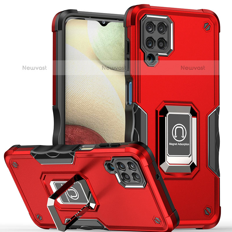 Silicone Matte Finish and Plastic Back Cover Case with Magnetic Finger Ring Stand QW1 for Samsung Galaxy F12 Red