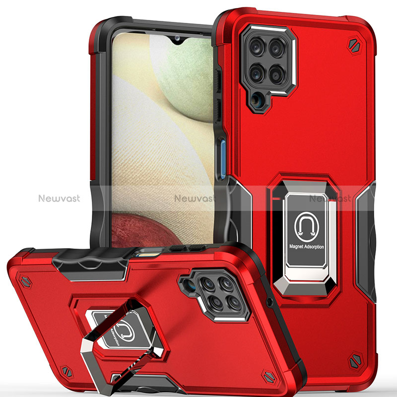 Silicone Matte Finish and Plastic Back Cover Case with Magnetic Finger Ring Stand QW1 for Samsung Galaxy M12 Red