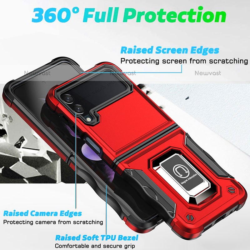 Silicone Matte Finish and Plastic Back Cover Case with Magnetic Finger Ring Stand QW1 for Samsung Galaxy Z Flip3 5G