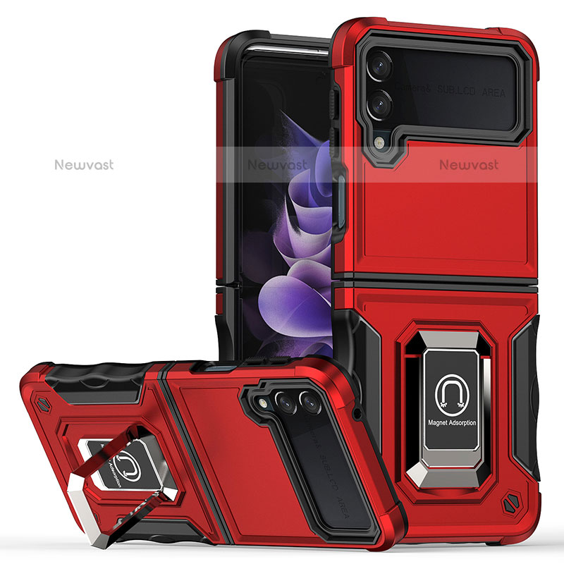 Silicone Matte Finish and Plastic Back Cover Case with Magnetic Finger Ring Stand QW1 for Samsung Galaxy Z Flip3 5G Red