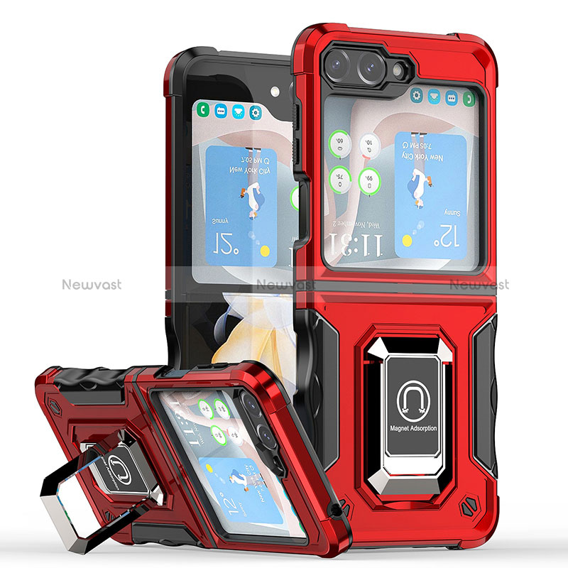 Silicone Matte Finish and Plastic Back Cover Case with Magnetic Finger Ring Stand QW1 for Samsung Galaxy Z Flip5 5G