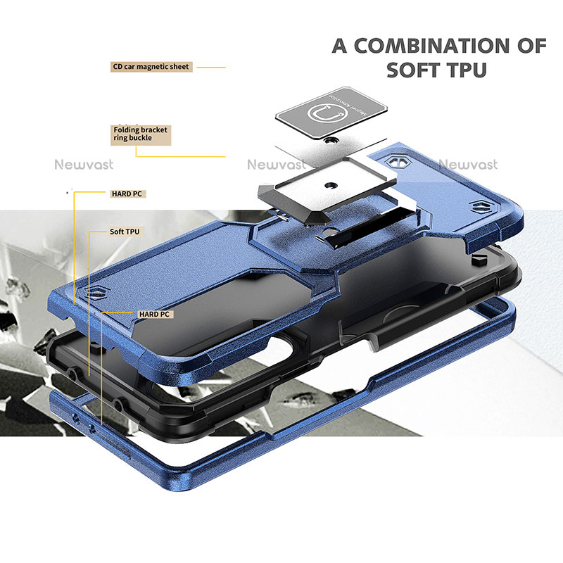 Silicone Matte Finish and Plastic Back Cover Case with Magnetic Finger Ring Stand QW1 for Samsung Galaxy Z Fold3 5G