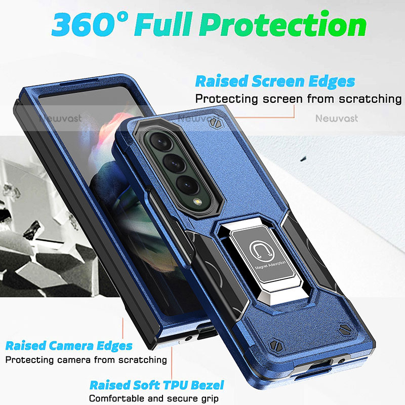 Silicone Matte Finish and Plastic Back Cover Case with Magnetic Finger Ring Stand QW1 for Samsung Galaxy Z Fold3 5G