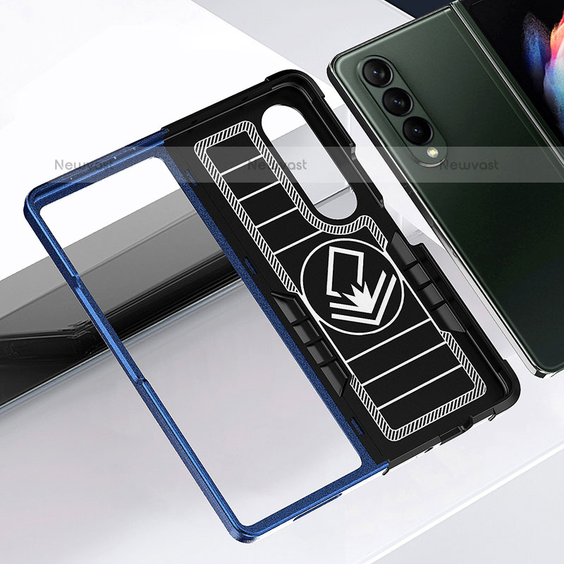 Silicone Matte Finish and Plastic Back Cover Case with Magnetic Finger Ring Stand QW1 for Samsung Galaxy Z Fold3 5G