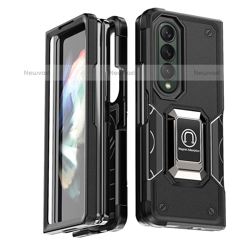 Silicone Matte Finish and Plastic Back Cover Case with Magnetic Finger Ring Stand QW1 for Samsung Galaxy Z Fold3 5G