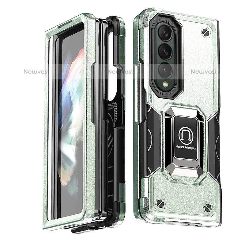 Silicone Matte Finish and Plastic Back Cover Case with Magnetic Finger Ring Stand QW1 for Samsung Galaxy Z Fold3 5G