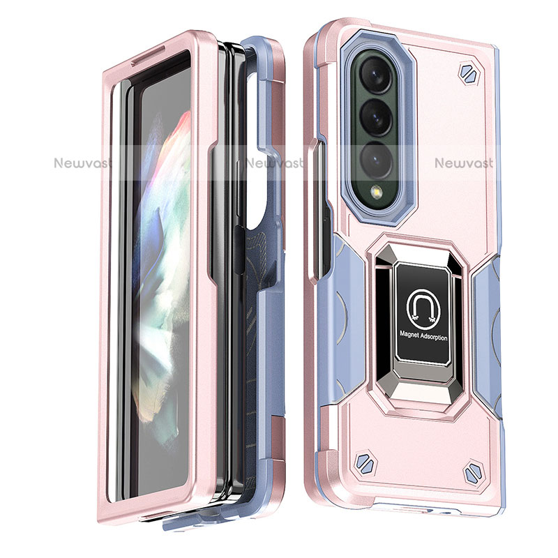 Silicone Matte Finish and Plastic Back Cover Case with Magnetic Finger Ring Stand QW1 for Samsung Galaxy Z Fold3 5G